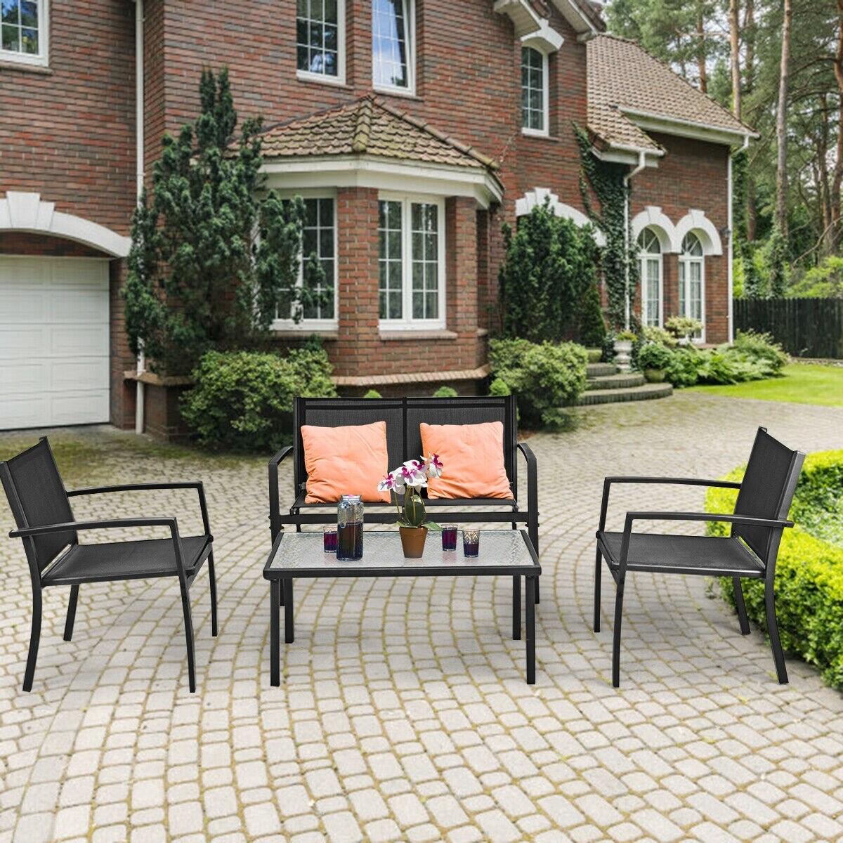 Shop Costway 4 Pcs Patio Furniture Set Sofa Coffee Table Steel Frame Garden Overstock 18303343