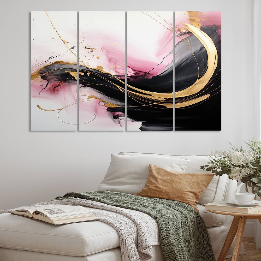Designart "Abstract Gold Wave Pink And Black I" Abstract Multipanel Wall Decor set