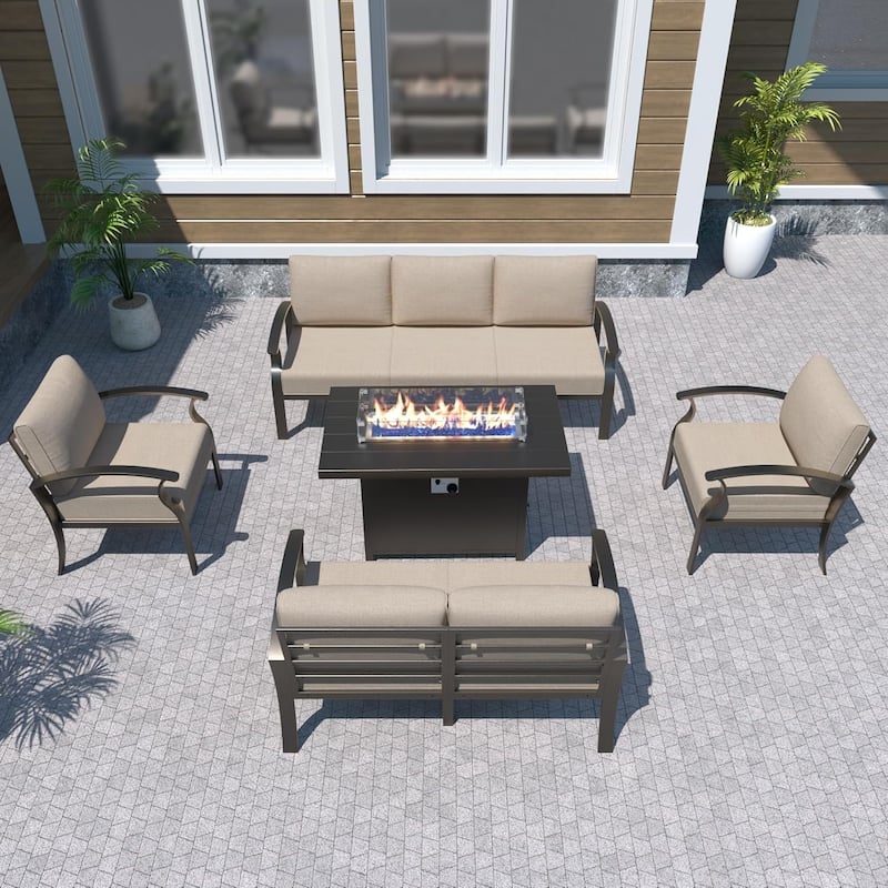 Aluminum Patio Furniture Set with FirePit Ottomans Swivel Chairs,Sectional Sofa with Thick Seat Cushions for Porch Garden - 7-Seats - Khaki