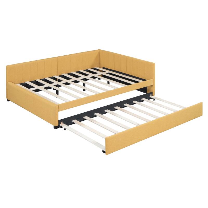 L-Shaped Backrest Daybed Upholstered Daybed Frame Classic Wood Slats Design with 2 Storage Drawers or Trundle, Full Size