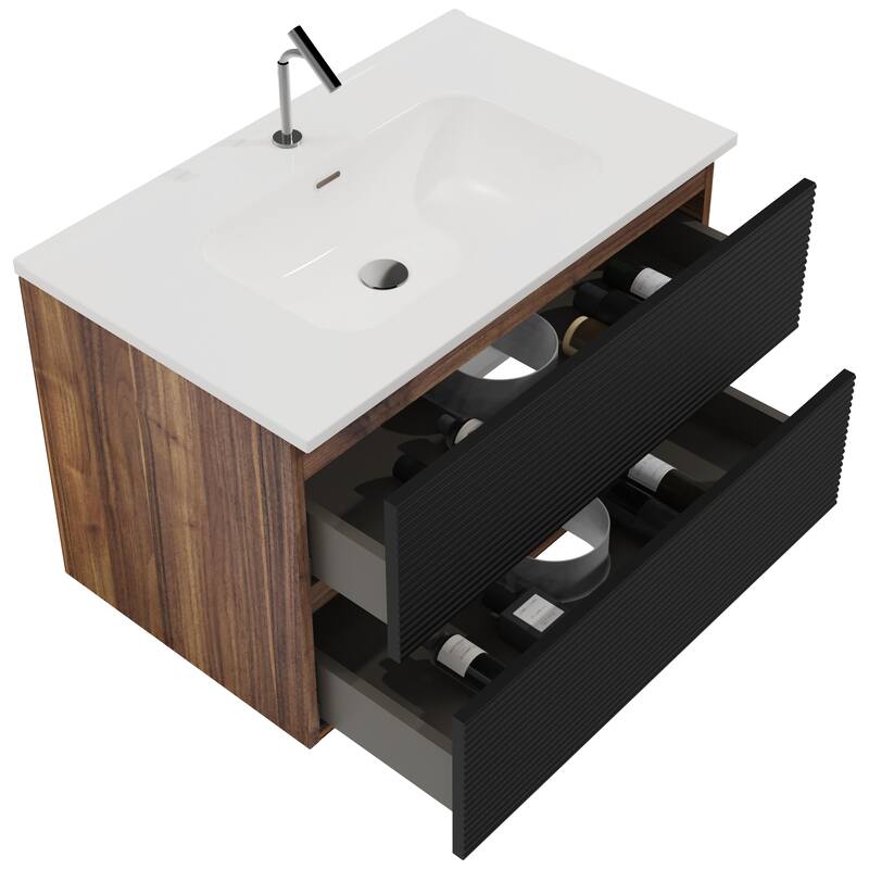 GDFStudio - Gloria Modern Wall-Mounted Floating Bathroom Vanity with Integrated Ceramic Basin & Soft-Close Drawers