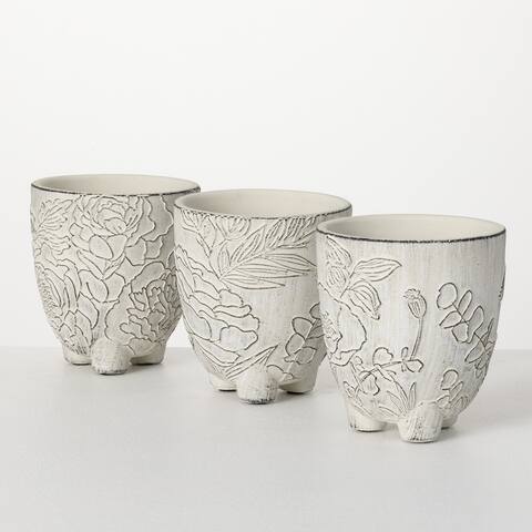 Sullivans 5.5 in. Medium Floral Line Art Pots - Set of 3; Gray