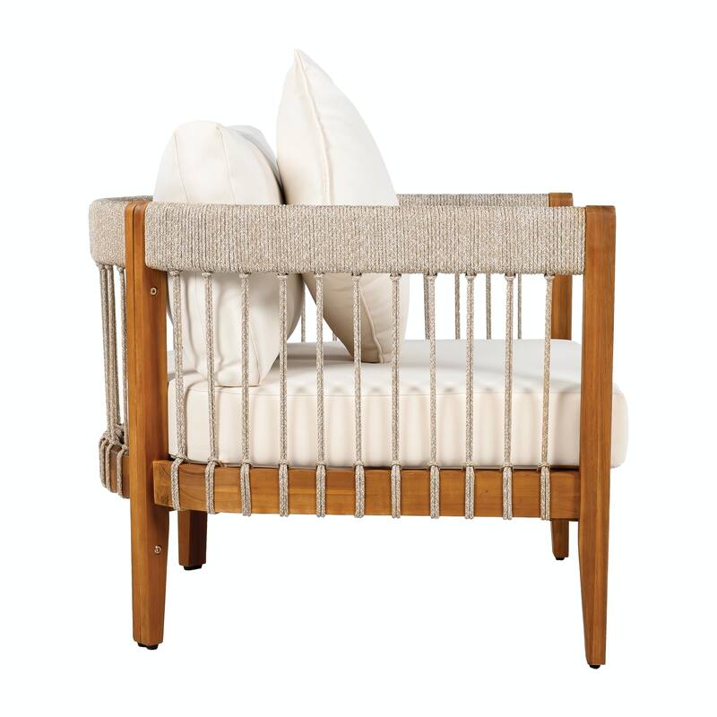Acacia Wood Outdoor Club Chair with Handwoven Rope Accents & Curved Backrest