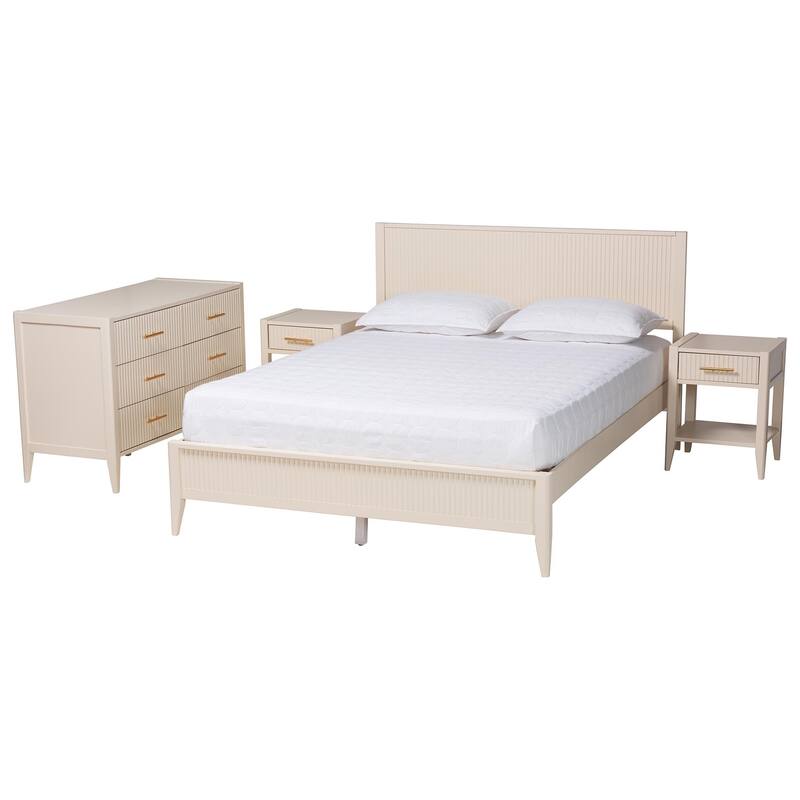 Primrose Mid-Century Fluted Wood 4-Piece Bedroom Set - Ivory - Queen