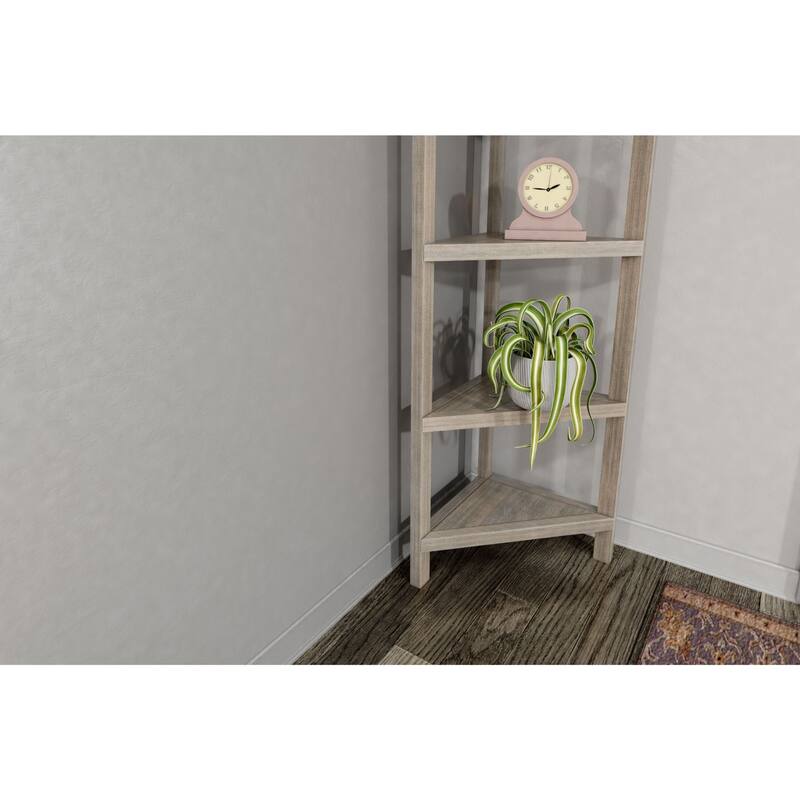59.75" Washed Gray Wooden Open Shelf Corner Bookcase