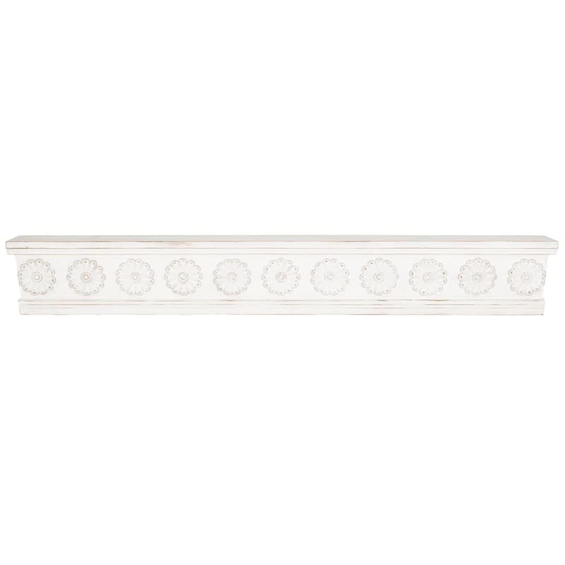 Wooden Floral Wall Shelf with Brown Distressing - White - Roche River Decor - White - 72"W, 10"H