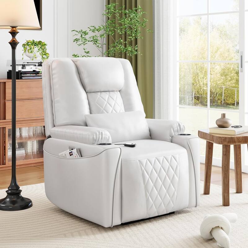 Power Lift Recliner Chair Sofa, PU Leather Reclining with Charging Ports, Cup Holders - White