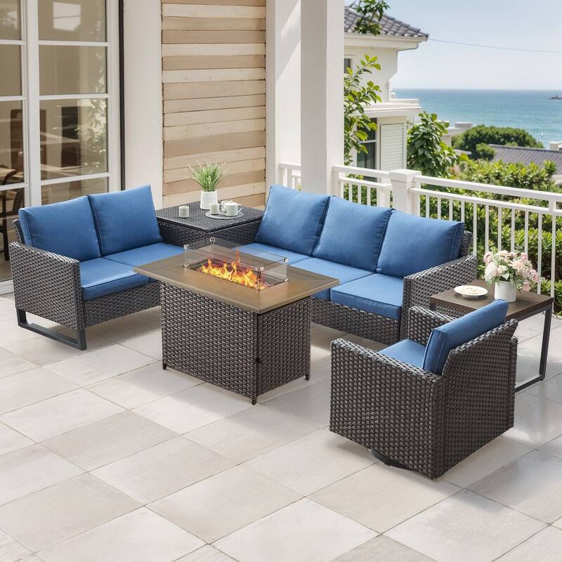 Gymojoy 6 Person All-Weather Wicker Outdoor Conversation Set Seating Group With Fire Pit Table