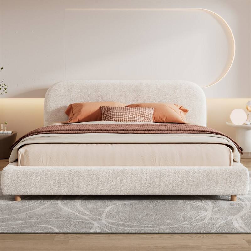 Queen/King Size Platform Bed with Curve-Shaped Design Headboard, Boucle Fabric Upholstered Bed Frame with Slats Support