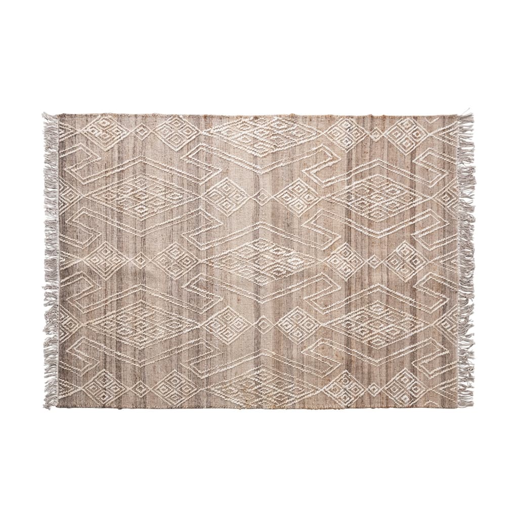 Hand-Woven Jute and Wool Blend Rug with Pattern and Fringe - 84" L x 60" W x 1" H