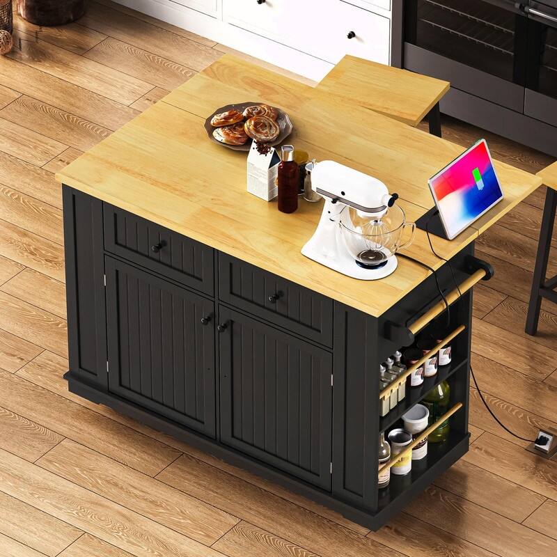 48" Rolling Kitchen Island with Drop Leaf, Power Outlet & 2 Bar Stools, Storage Cart with Drawers & Racks
