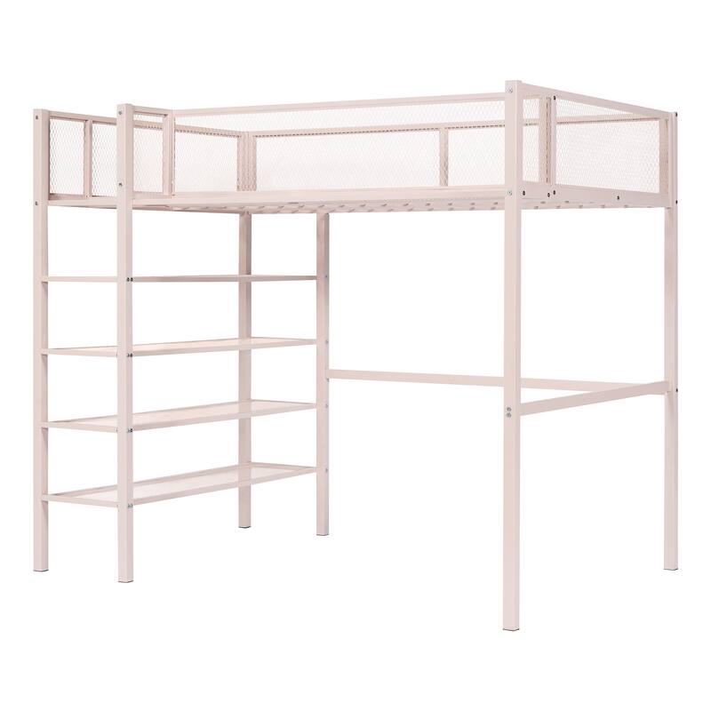 Twin/Full Metal Loft Bed with Built-in Desk, Shelves, and Storage, Modern Design