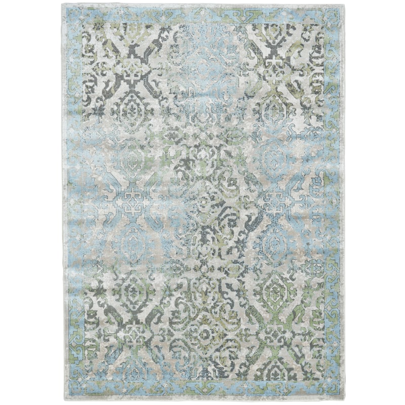 Alessandria Damask Print Rug, Turquoise Blue/Mint, Area Rug - 10' x 13'-2" - Cool Gray/Pastel Turquoise/Mint Green