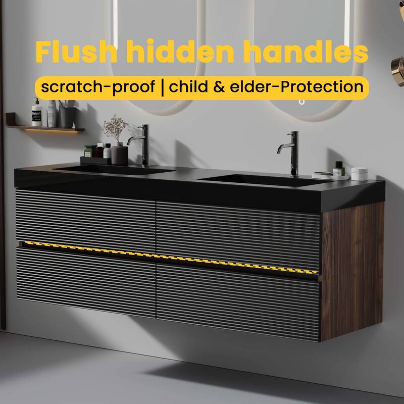 Wall Mounted Bathroom Vanity with Glossy White Solid Surface Sink