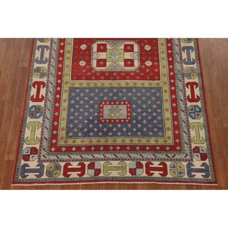Geometric Kazak Area Rug Hand-Knotted Multi-Color Wool Carpet - 5'11" x 9'2"
