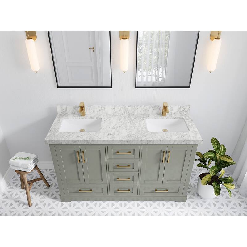 Willow Collection 60 in W x 22 in D x 36 in H Boston Double Bowl Sink Bathroom Vanity with Countertop - 2"Carrara Marble - Evergreen