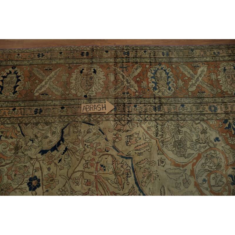 Hand Knotted Oriental 100% Wool Carpet Traditional Floral Beige & Ivories Kashan (Mohtasham) Area Rug - 16' 7'' X 12' 0''