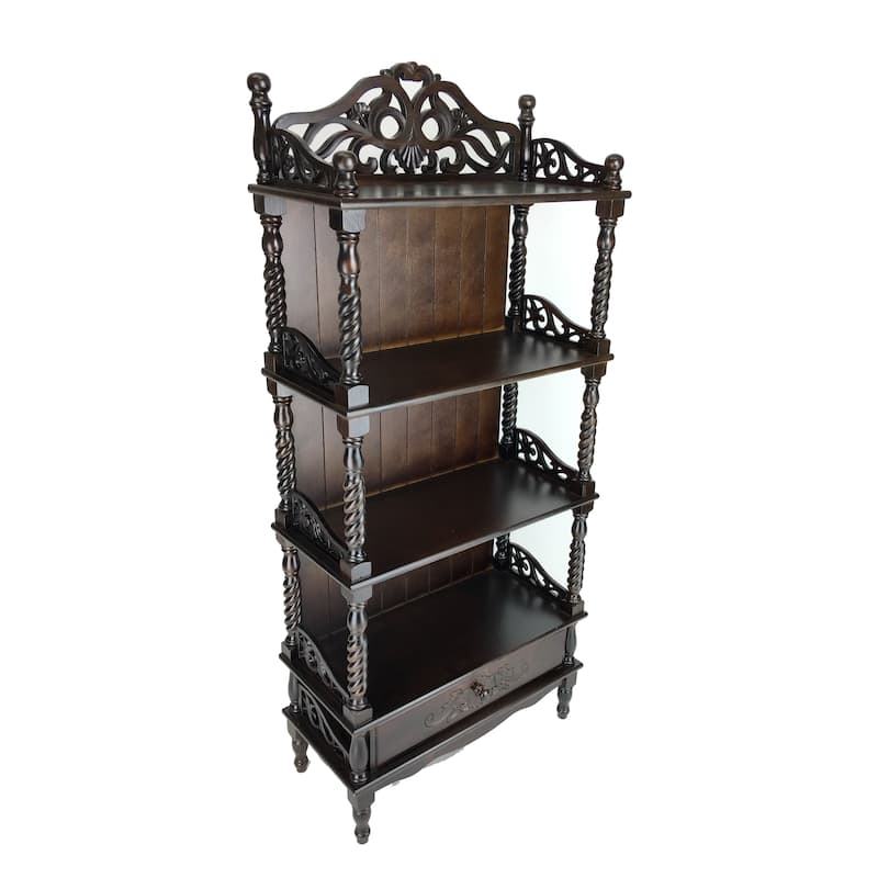 Wooden Bookcase Shelf with Carved Details and Filigree Accents, Brown