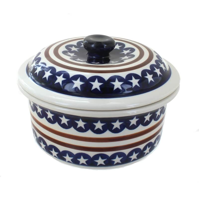 Blue Rose Polish Pottery 887 Zaklady Round Baker with Lid - Stars & Stripes