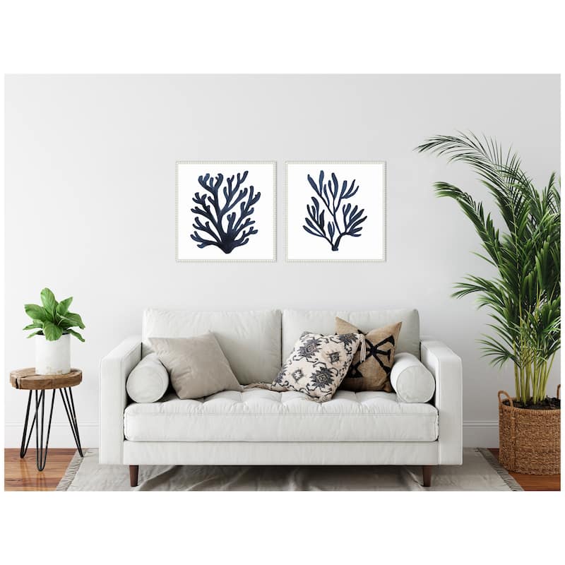 Kate and Laurel Sylvie Beaded Coastal Coral Seaweed Botanical 5 and 7 Framed Canvas Art Set by The Creative Bunch Studio