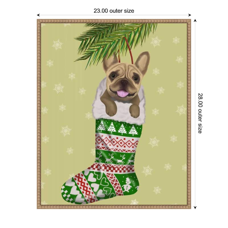 French Bulldog in Christmas Stocking by Fab Funky (23 x 28 in.), Framed Canvas Wall Art Print - Sylvie Beaded Rustic Natural
