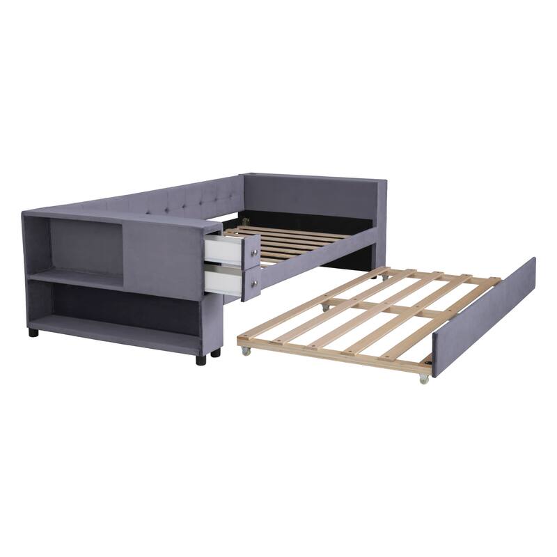 Twin Velvet Upholstered Platform Bed with Trundle, USB Charging, Storage Drawers, Beige/Gray