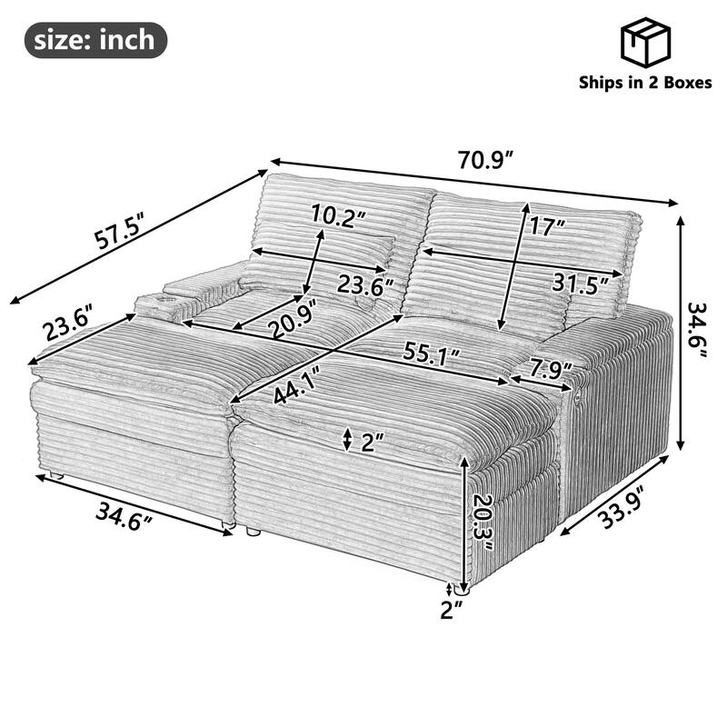70.9" Convertible Loveseat Sofa Bed with Storage, 2 Ottomans, 4 USB Ports and Cup Holders, Corduroy Sectional for Living Room