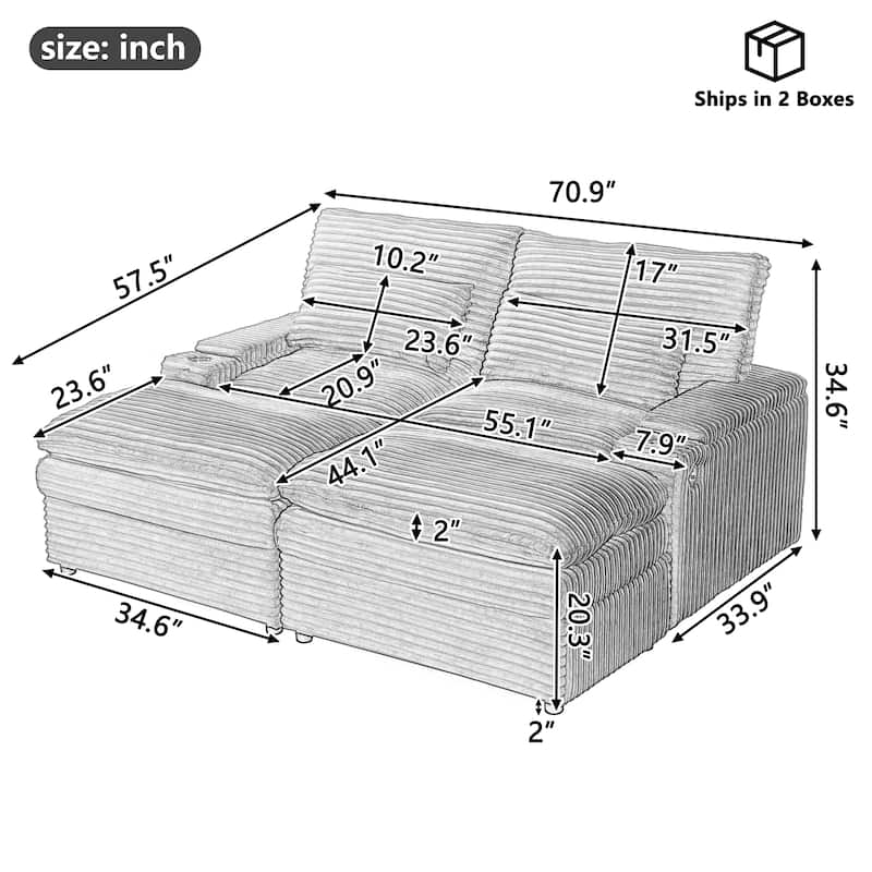 Corduroy Modular Sectional Sofa with USB Ports & Cup Holders, 2 Seat Couch Loveseat with 2 Ottomans Convertible Sleeper Sofa Bed