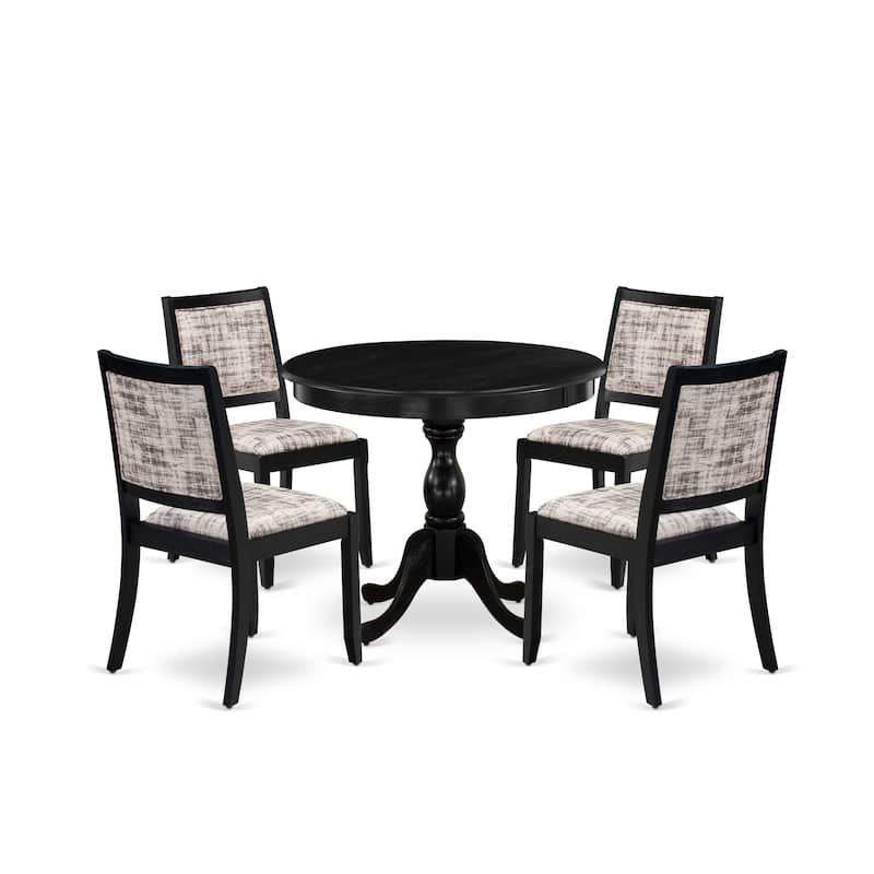 East West Furniture Dining Set- A Round Table and Stackable Dining Chairs, Wire Brushed Black (Pieces & Seat Type Options)