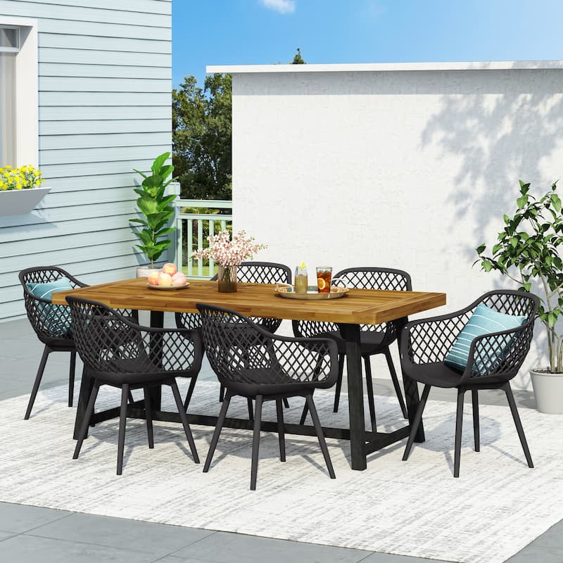 Patrice Outdoor Wood and Resin Outdoor 7 Piece Dining Set by Christopher Knight Home - Black+Sandblasted Teak