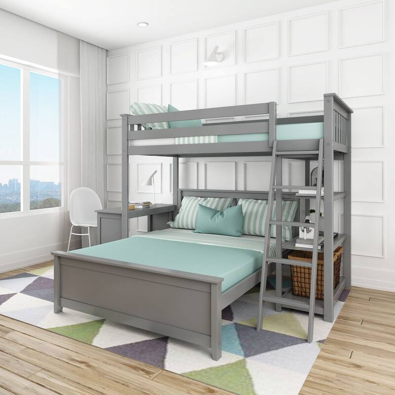 Max and Lily L Shaped Twin over Full Bunk Bed with Bookcase and Desk