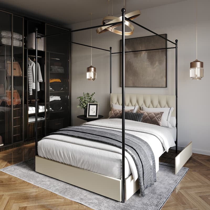 Clayfell Harlan Queen Upholstered Metal Storage Canopy Bed, Beige