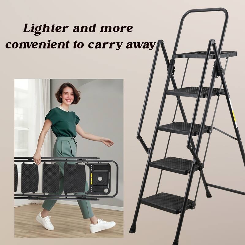 Anmytek 4 Step Folding Step Ladder Heavy Duty Steel Frame with Tool Tray Triangular Stable Core 330 lbs Capacity for Home,Office