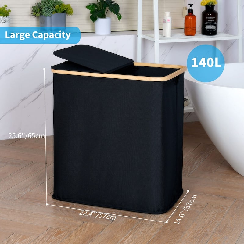 Laundry Hamper with Lid,Double Laundry Hamper with 2 Removable Bag,2 Section Laundry Hamper with Bamboo Handles 140L 36.9 Gallon