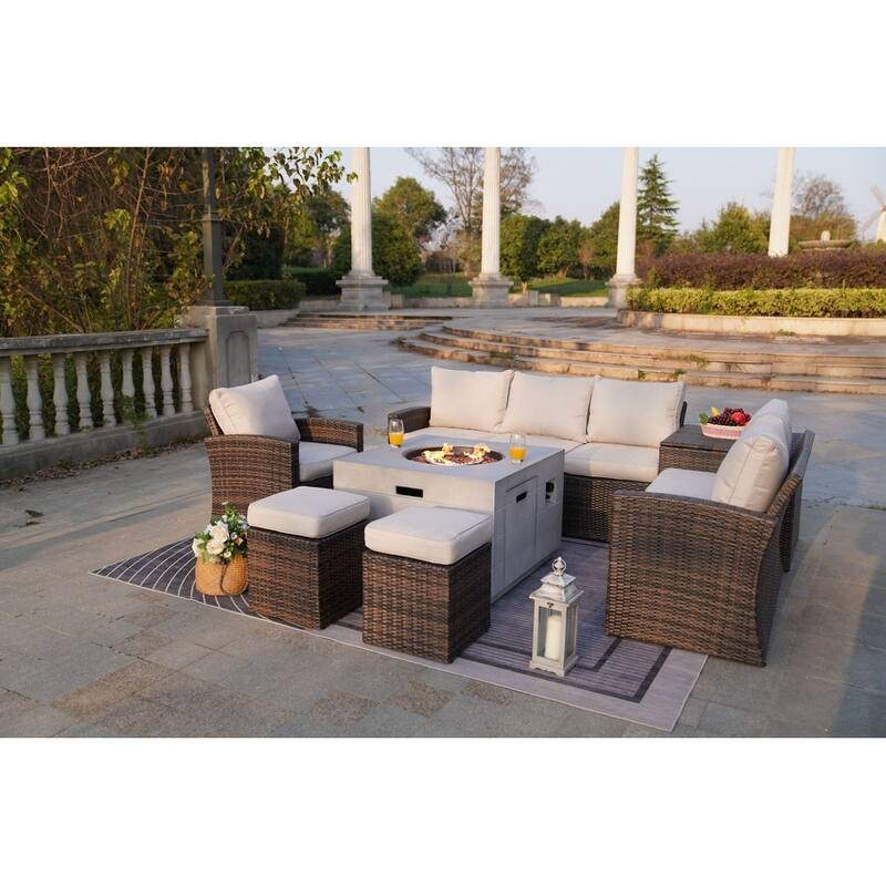 7-Piece Patio Brown Rattan Wicker Conversational Sofa Set with Fire Pit Table and Storage Box