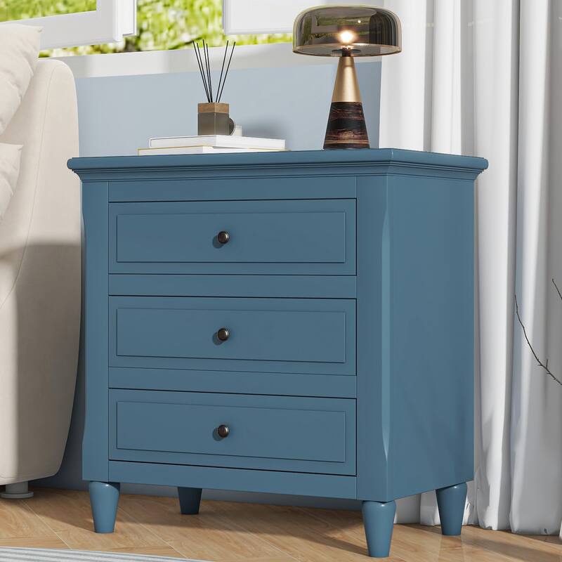 28'' Pine Wood Nightstand with 3 Drawers, Smooth Gliding Rails, and Metal Handles for Bedroom, Living Room, or Office