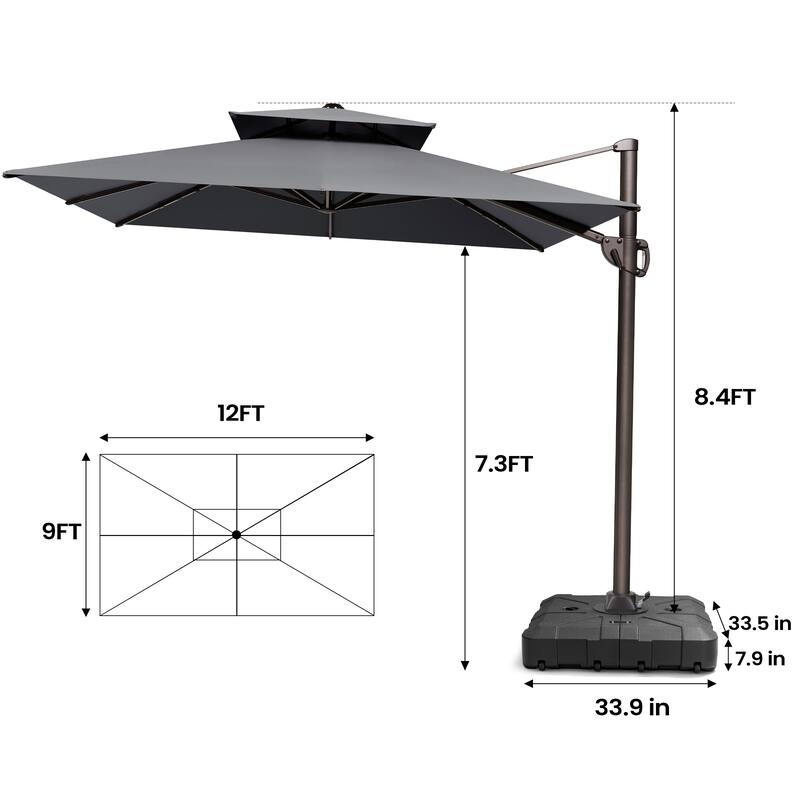 Outdoor Patio 9 FT x 12 FT Dual Top Umbrella Cantilever Offset with Base stand