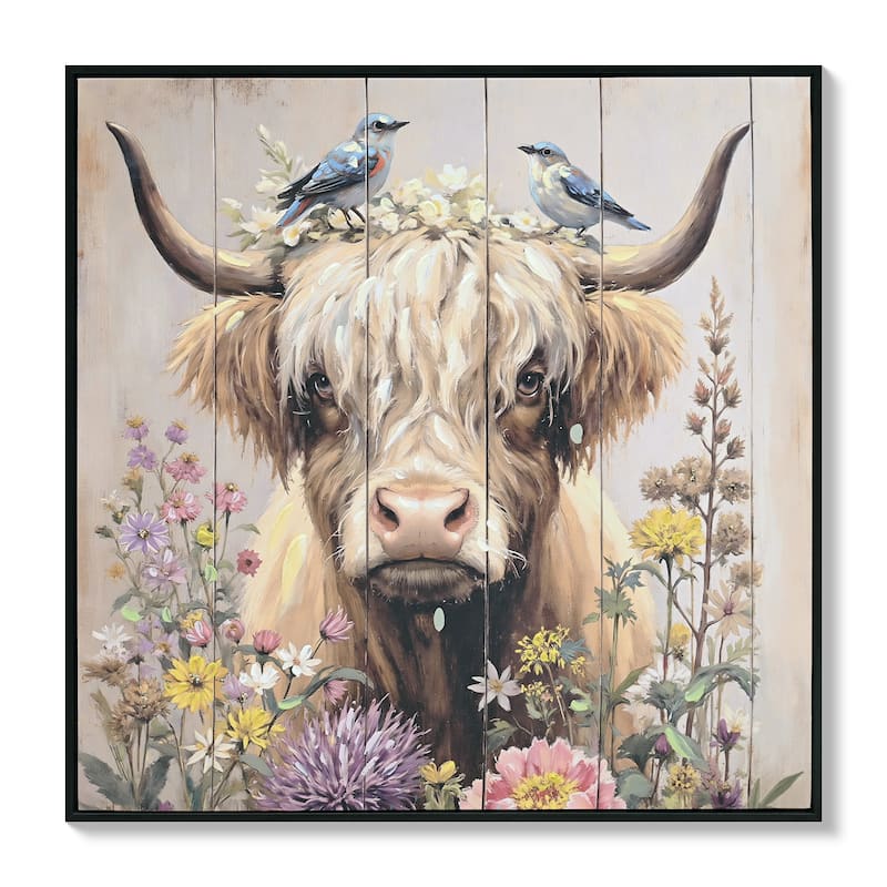 Farmhouse Highland Cow Wall Decor in Neutral colour: Rustic Cow and Chrysanthemum picture Canvas Art Print