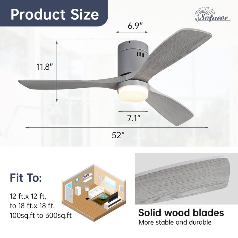 Sofucor 52"Solid Wood Modern,Farmhouse Indoor Ceiling Fan Chandelier with Remote,Adjustable light,Smart Optional