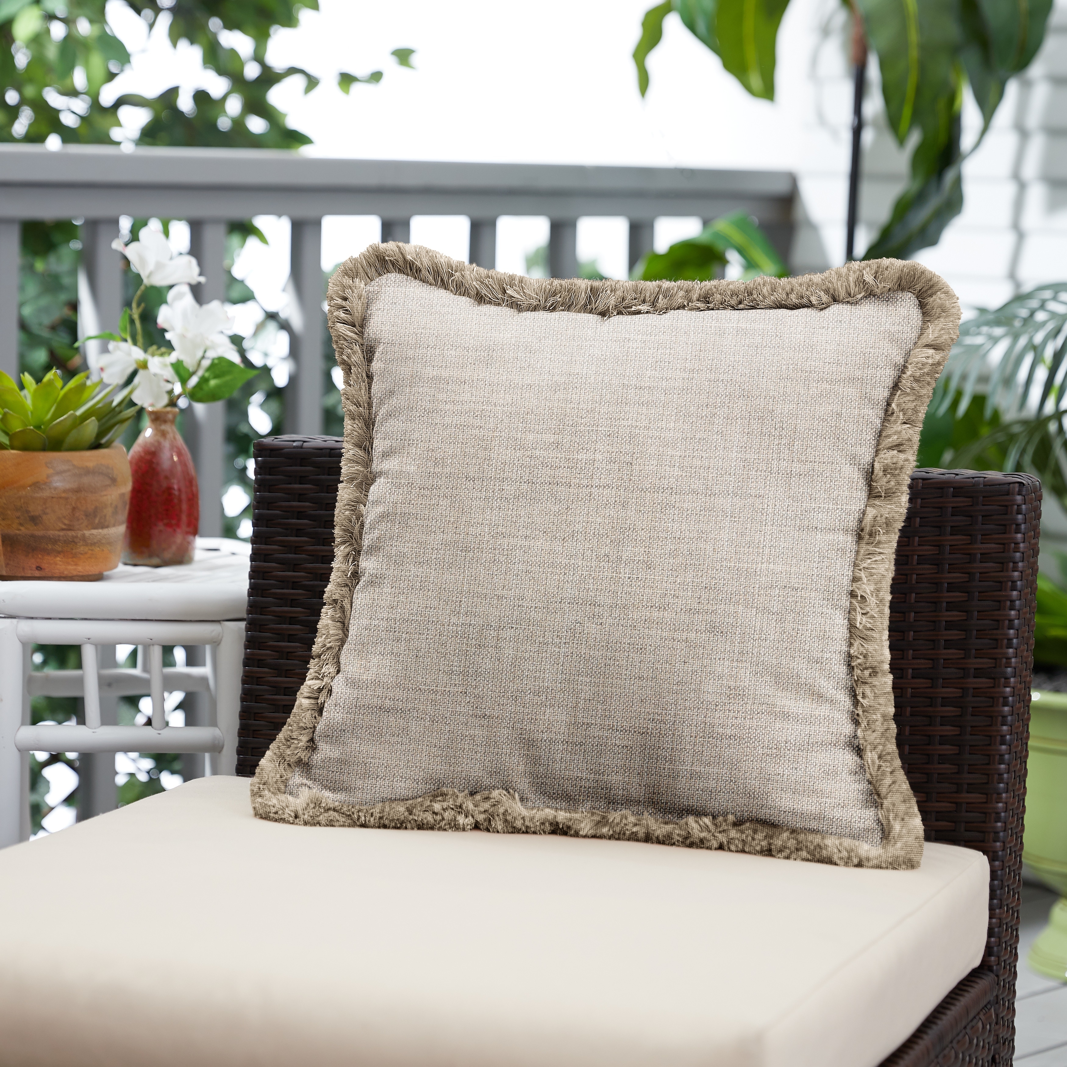 Sunbrella Cast Silver and Taupe Fringe Indoor/ Outdoor Pillow - 18 in x 18 in