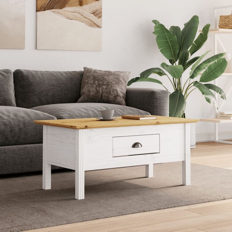vidaXL Coffee Table Accent Side Table for Living Room BODO Solid Wood Pine - 39.4"x21.7"x17.7" - White, brown
