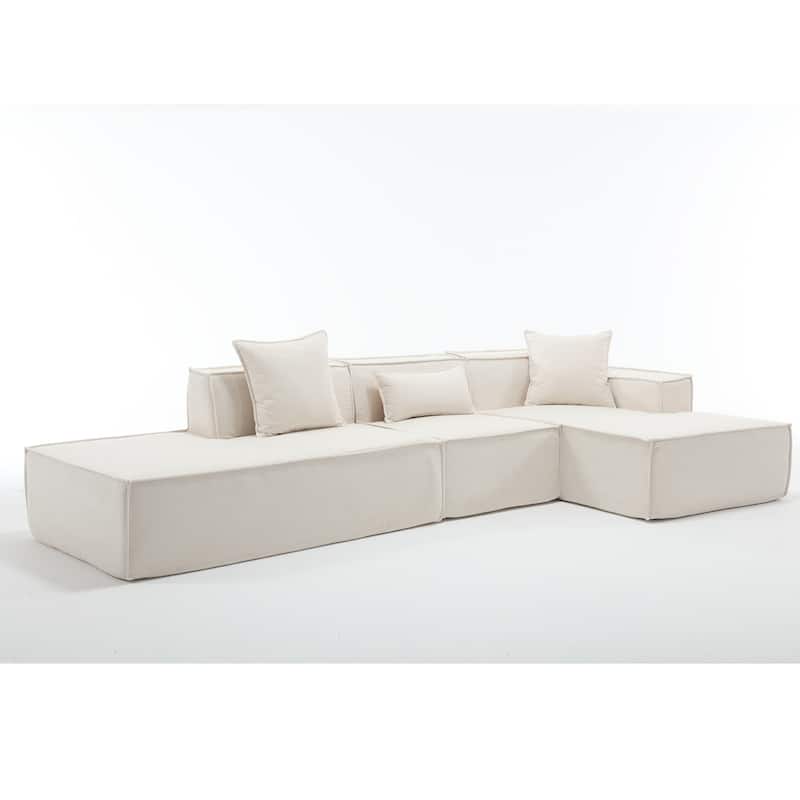 Beige 129.5'' L-Shaped 4-Seater Modular Sofa Set with Chaise in Soft Terrycloth Fabric