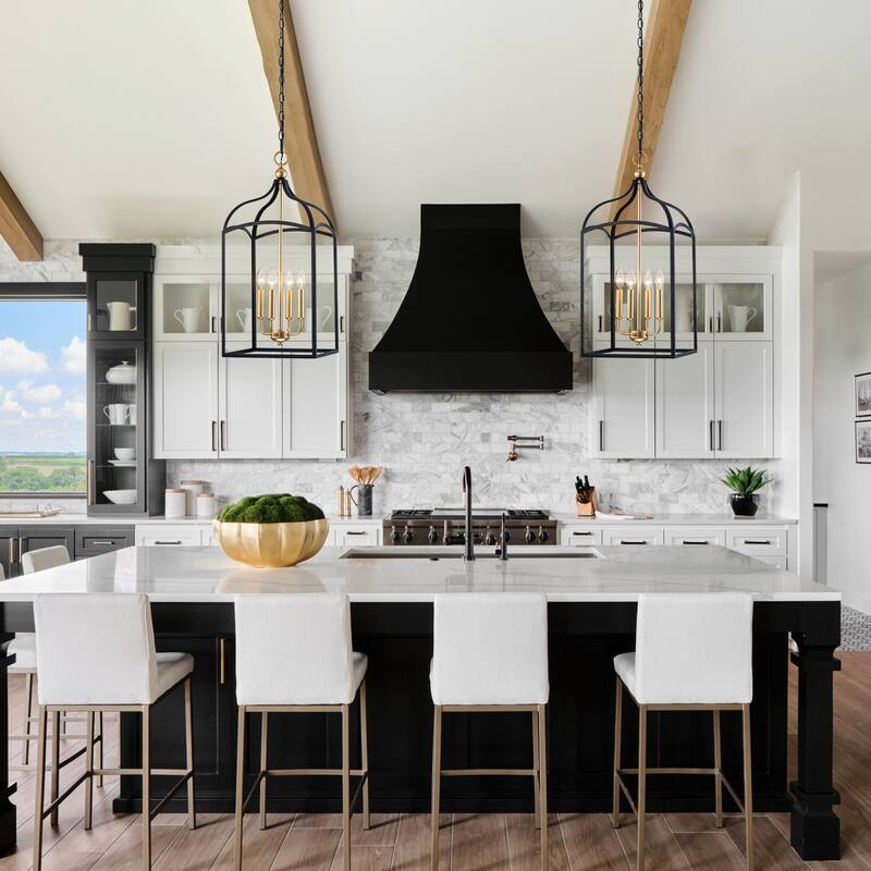 Farmhouse 4-Light Lantern Chandelir for Dining Room Foyer - Black & Gold