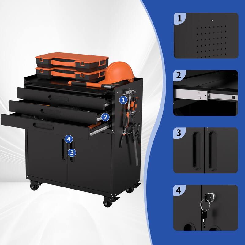 34.3" Rolling Metal Tool Cabinet, Heavy Duty Garage Storage with Lockable Doors & 3 Drawers, Mobile Workbench Organizer