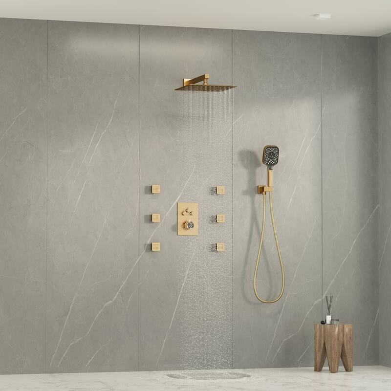 Wall Mount 12 Inch Rainfall Shower Head 3 Function Thermostatic Shower System with 6 Body Jets