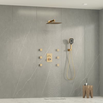 Wall Mount 12 Inch Rainfall Shower Head 3 Function Thermostatic Shower System with 6 Body Jets