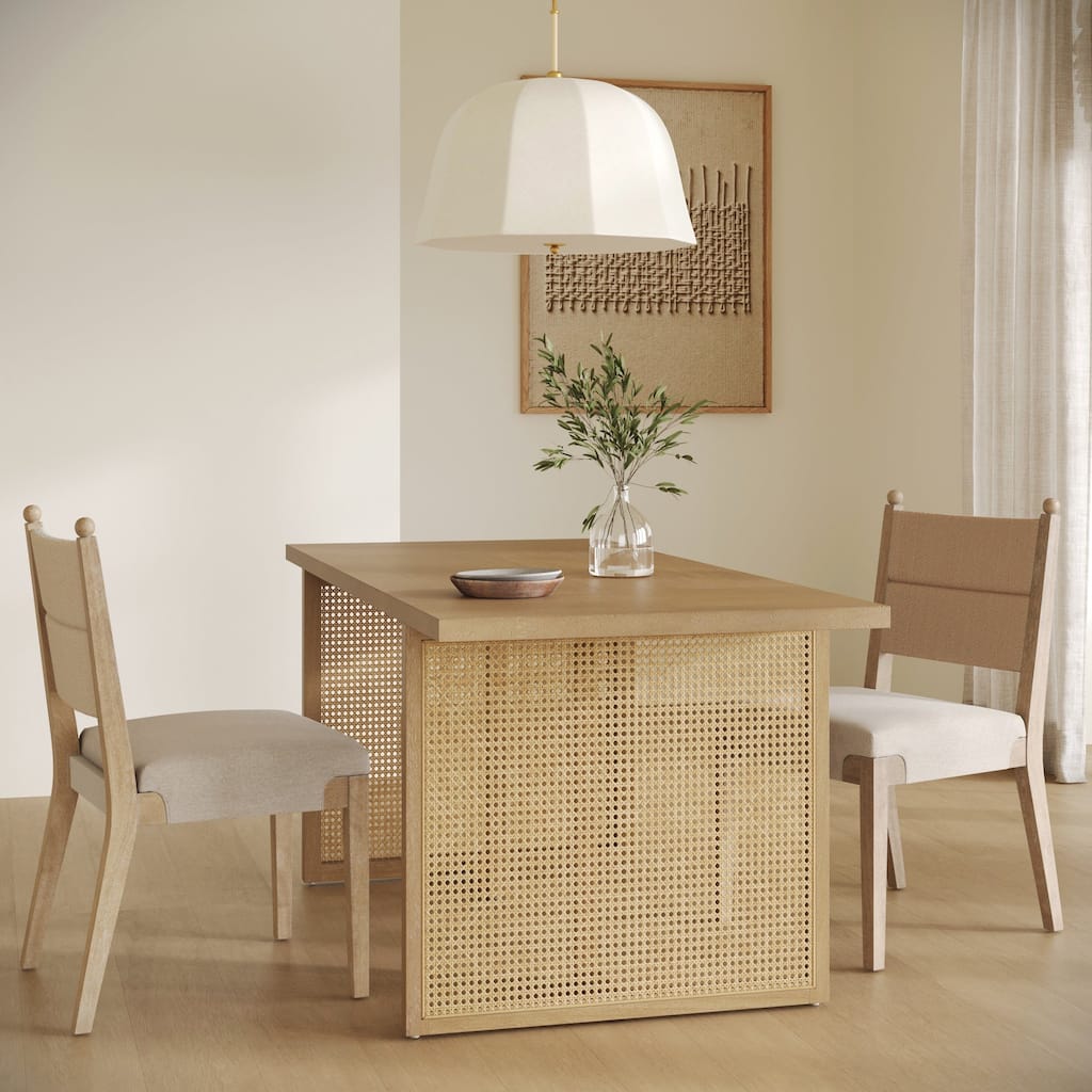 Willow Boho Dining Table for 6 with Solid Wood Legs with Bohemian Rattan Accent - 6-Seater