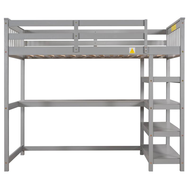 Full/Twin Size Loft Bed with Under-bed Desk & Storage Shelves, Space-Saving Design, Solid Pine Frame, No Box Spring Required