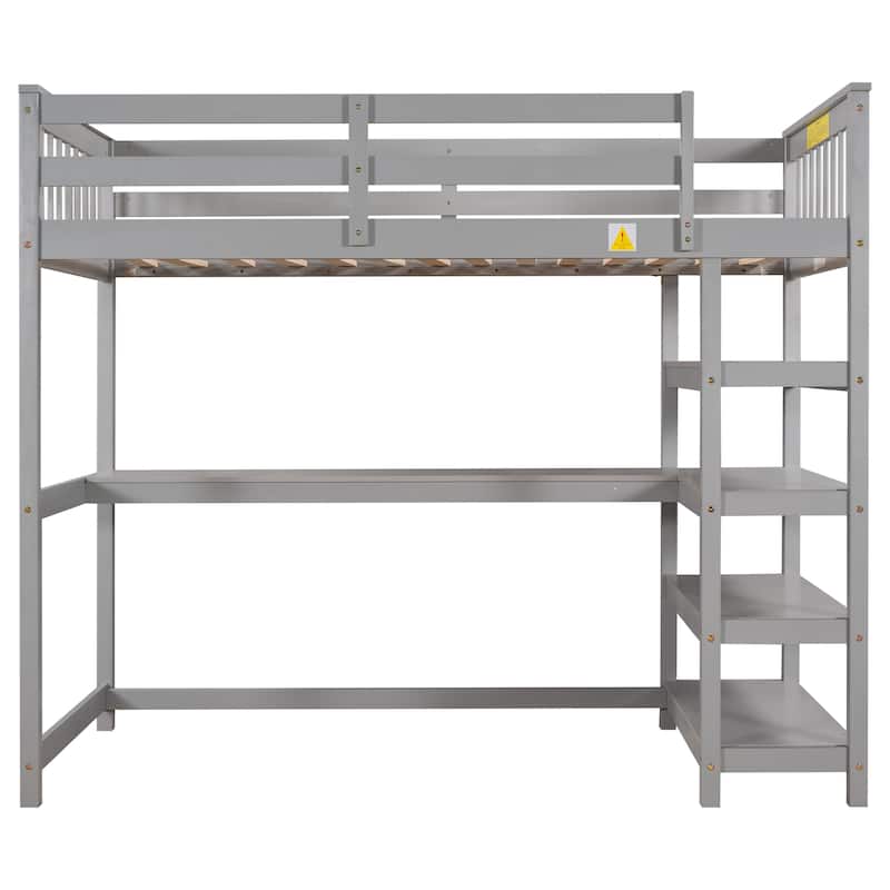 Twin Size Pine Loft Bed with Storage Shelves and Under-Bed Desk