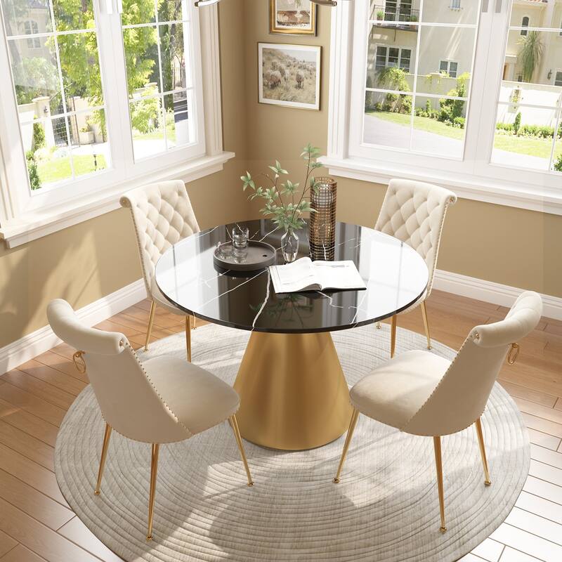 48" Marble Top Metal Dining Table with Velvet Dining Chair Set